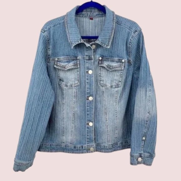 Vintage 80s Gitano Ribbed Faded Stretch Denim Jacket Plus Size 22W - Picture 1 of 6